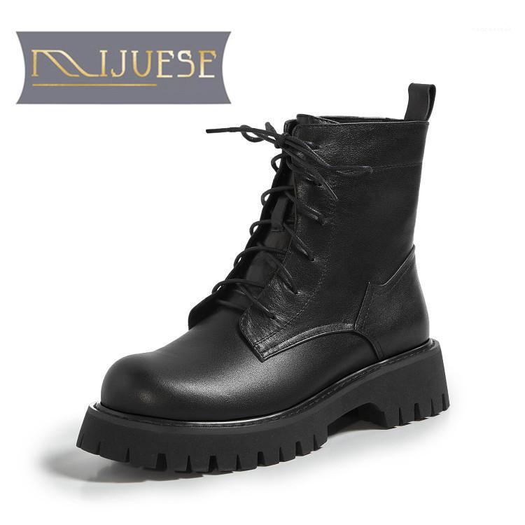 

MLJUESE 2021 women ANKLE boots Cow leather Winter short plush Round Toe Lace-Up Med heels female Riding boots size 391, Black