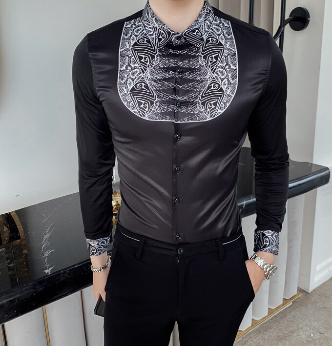 

Luxo Barroco Camisa From Project 2021 Autumn Men's Long Patchwork Casual Shirt Men Slim Fit Party Printing Sjqf, As shown