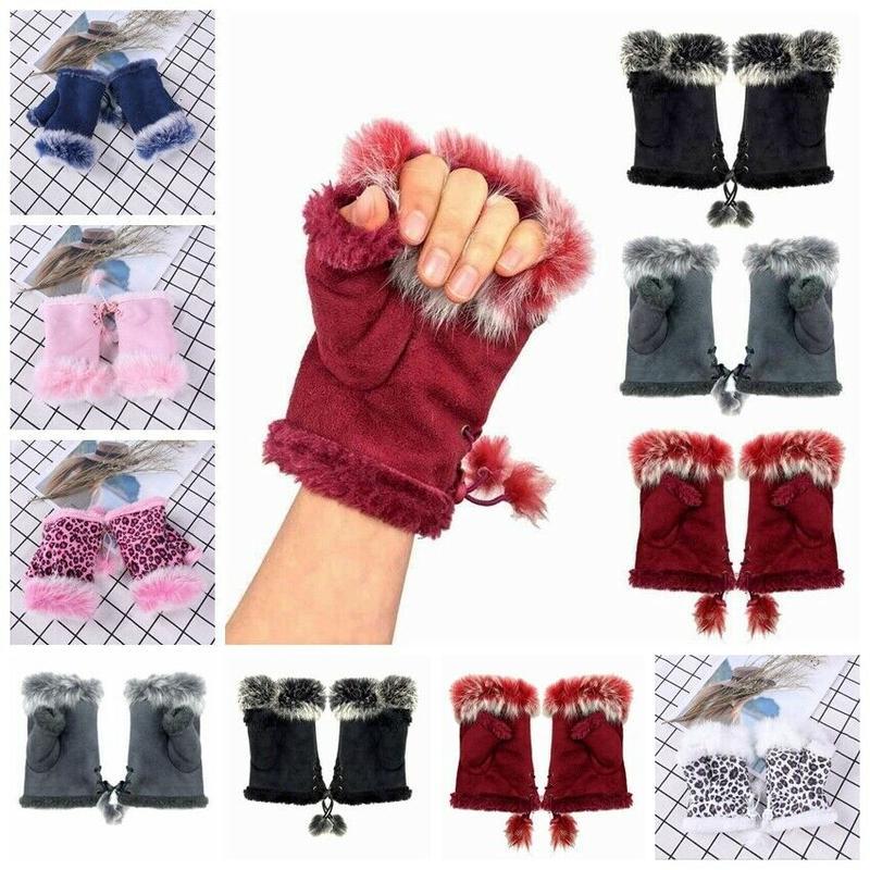 

Womens Girls Comfort Classic Faux Fur Gloves Adjustable Winter Warm Fur Hands Wrist Fingerless Gloves Mittens