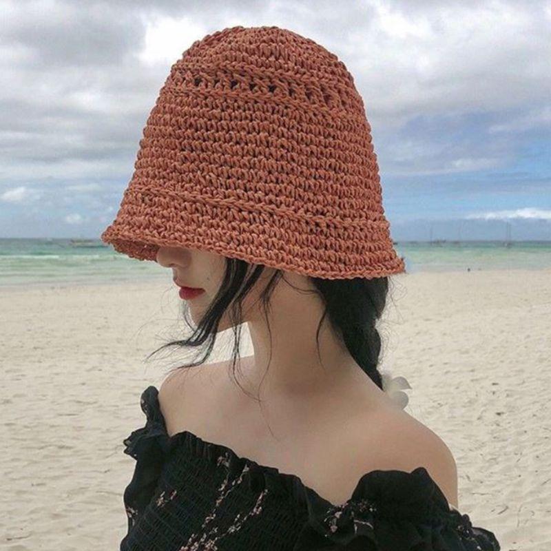 

Women Summer Weave Crochet Straw Bucket Hat Solid Color Sunscreen Breathable Dome Elegant Foldable Beach Fisherman Cap, Khaki