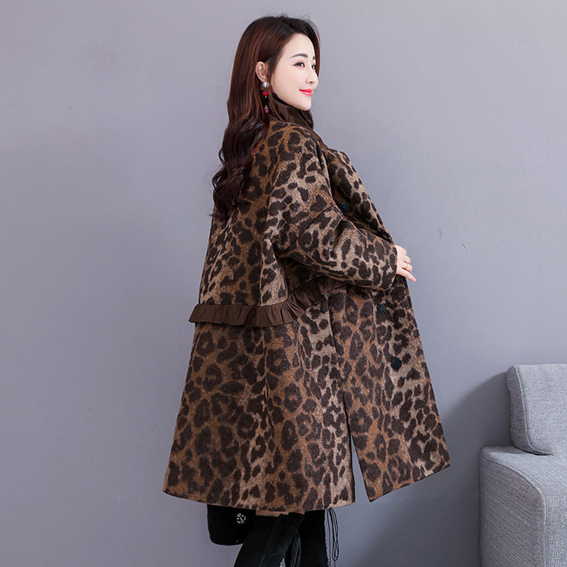 

2021 Female Leopard Jacket New Winter Ruffled Mid-winter the Line High-street Wool Loose Coat Ponchos WG52