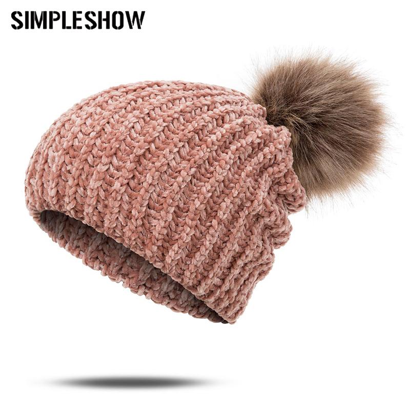 

Fashion Winter Hat For Women Soft Thick Winter Warm Beanie Hat Solid Color Knit Pompom Clothing Accessories czapka zimowa, Beige
