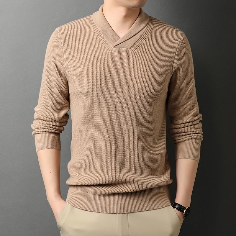 

Men Wool Sweater Pullovers 2020 Autumn Winter Turn-down Collar Casual Man Warm Cashmere Sweaters, Beige