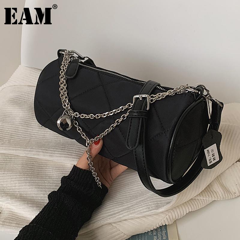 

[EAM] Women New Black Argyle Chains Barrel-shaped Oxford Personality All-match Crossbody Shoulder Bag Fashion Tide 2021 18A1273, Black large