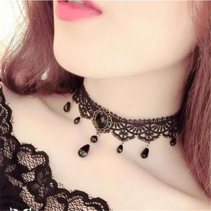 

2021 Fashion Gothic Victorian Crystal Tassel Tattoo Choker Necklace Black Lace Choker Collar Vintage Women Wedding Jewelry