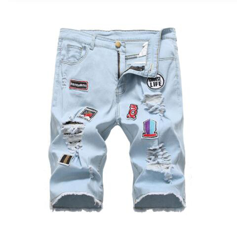 

2021 New Men's Male Fashion Casual Light Blue Bae Embroidery Ripped Denim Shorts Summer Holes Patchwork Stretch Jeans Breeches J365, Sky blue