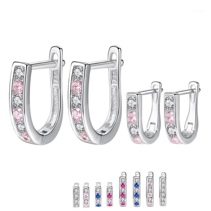 

BELAWANG 2020 Fashion Jewelry Pink Clear Crystal Hoop Earrings 925 Sterling Silver Earrings For Girls Baby Family Party Gift1