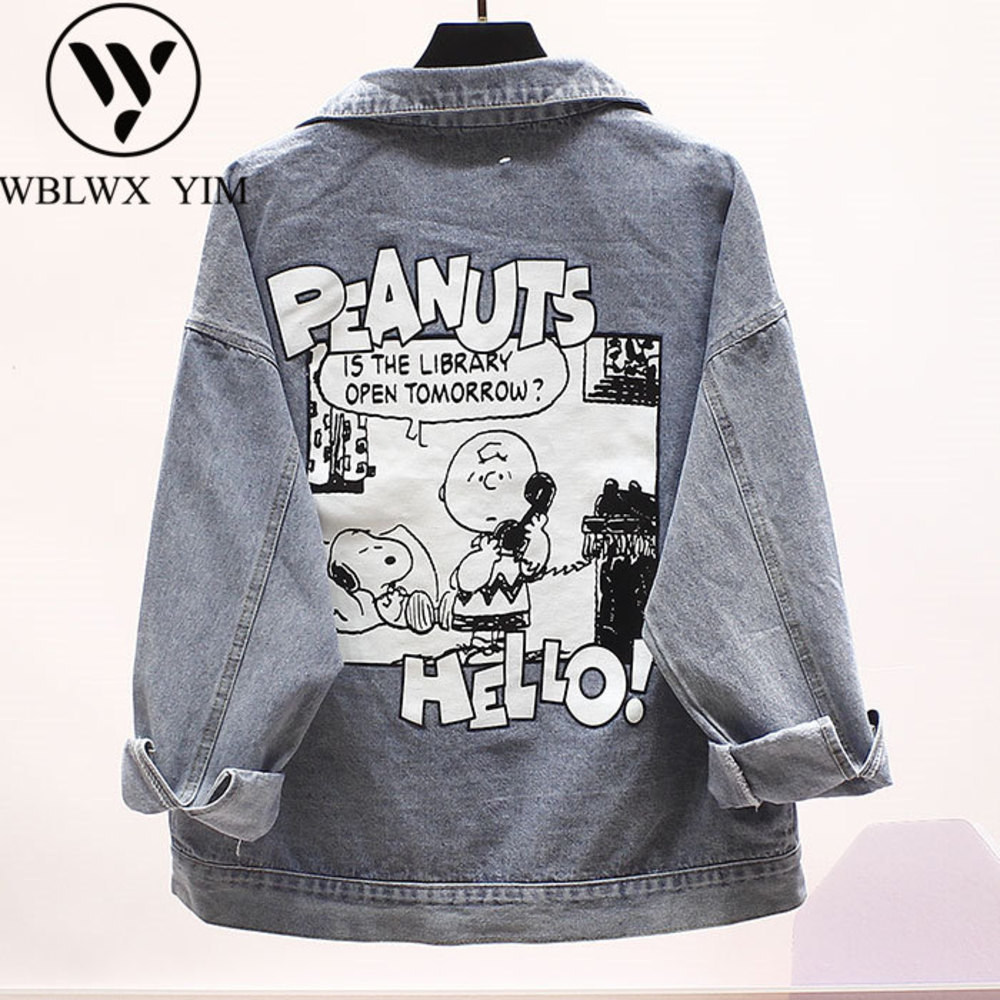 

Harajuku Denim Women Cartoon print Vintage Loose Plus size jacket 2020 Autumn Casual Jeans coat Streetwear Female, Blue