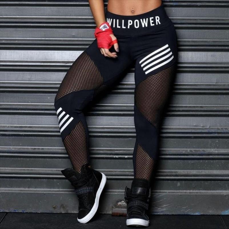 Women Leggings High Waist Mesh Pacthwork Sports legging Plus Size Black Gym Fitness Letter Print Sportwear Femme-image-620424931