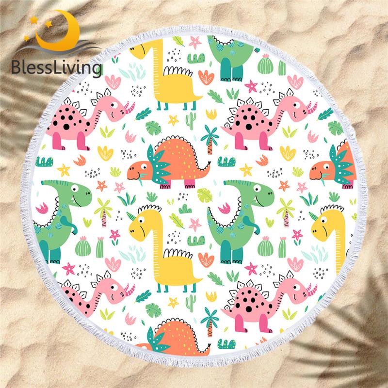

BlessLiving Dinosaurs Beach Towel Kids Cartoon Bath Towel Colorful Cute Childlike Round Toalla Flower Leaf Plant Summer Blanket