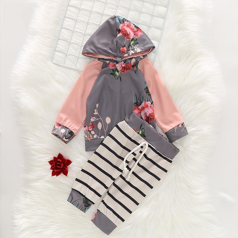 

Children's Sets 2020 New Fashion Spring Autumn Hoodie Printed Flower Sweater + Striped Trousers 2PCS Girls Clothes1, 1194 gray