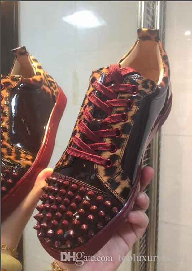 

Super Quality Wine Red Bottom Men Sneakers Low Cut Leopard Patent leather Spiked Sneaker,Famous Red Soles Junior Men Flat Shoes cheap sale