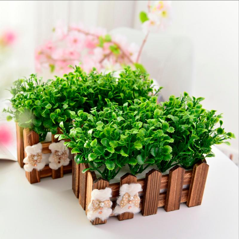 

Artificial Flowers For Wedding Party Decoration Peppermint Grass+Fence Plant Plastic Flower+Vase Bonsai Set Fake Flowers Gift