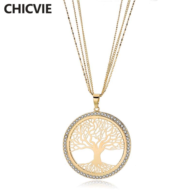 

CHICVIE Gold Tree Of Life Necklace & Pendants Women Long Display Jewelry Necklace For Womens Chain Statement SNE180006