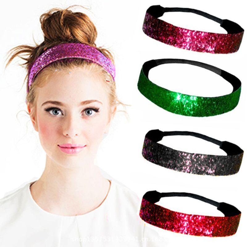 

Women Teens Girls Elastic Wide Hairband Glitter Shimmer Sequins Solid Candy Color Headband Sports Party Makeup Non-Slip Headwrap