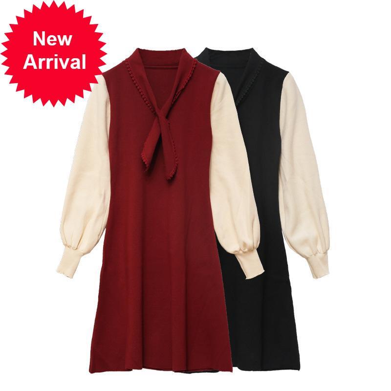 

2021 New Autumn New Red Female Fashions Dressed in Women's Mesh Smooth Elegant Temperament of Vintage Lantern Sleeves V0i6, Black