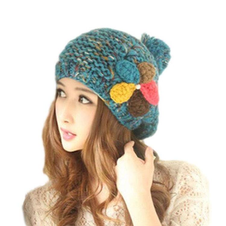 

Flowers Knitted Berets Ladies Fashion Pure Color Handmade Harajuku Ears Protection Autumn Winter Warm High Quality Cute Berets, White