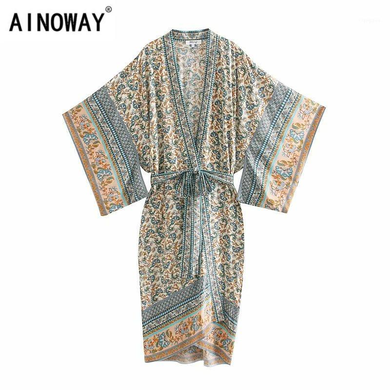

Vintage chic women florals print bat sleeve beach Bohemian Kimono dress Ladies V neck Tassel Summer Boho robe vestidos1, 02