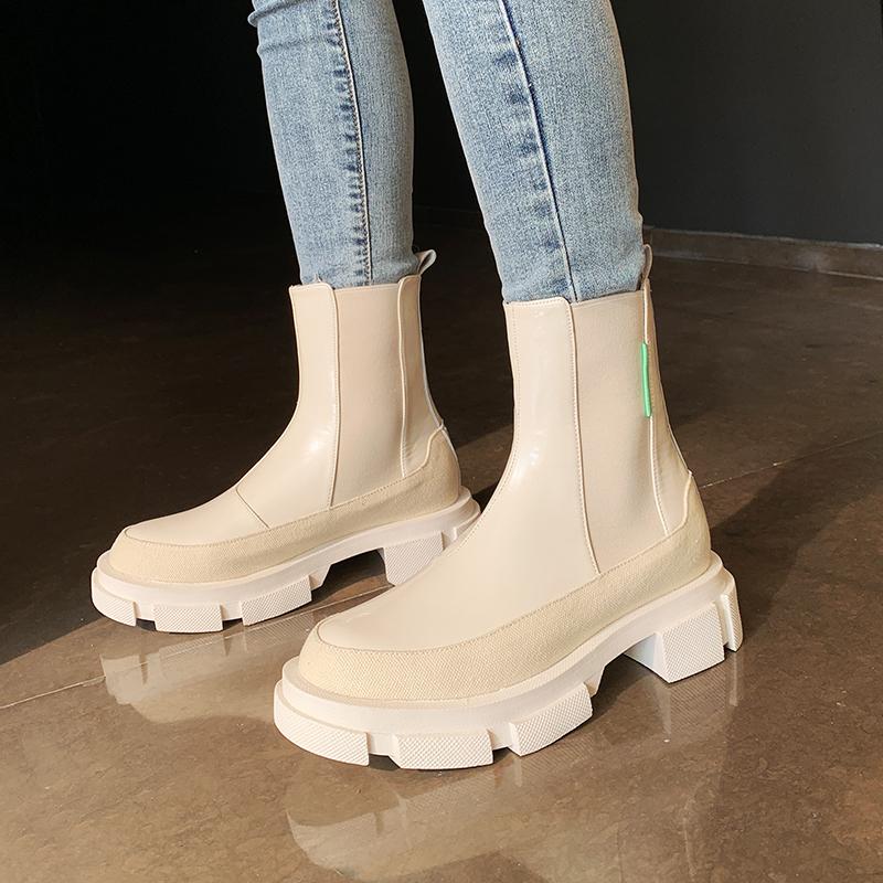 

Casual Round Toe Thick Platform White Chunky Heel Elastic Slip On Women Short Boots Handmade Genuine Leather Stretch Ankle Boots, Black