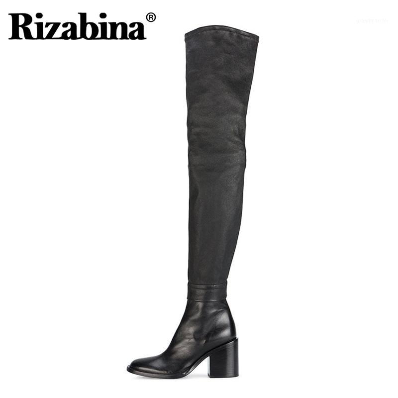 

RizaBina New Genuine Leather Loots With Square High Heels Zipper Over The Knee Boots Sexy Autmun Boots Women Shoes Size 31-451, Black