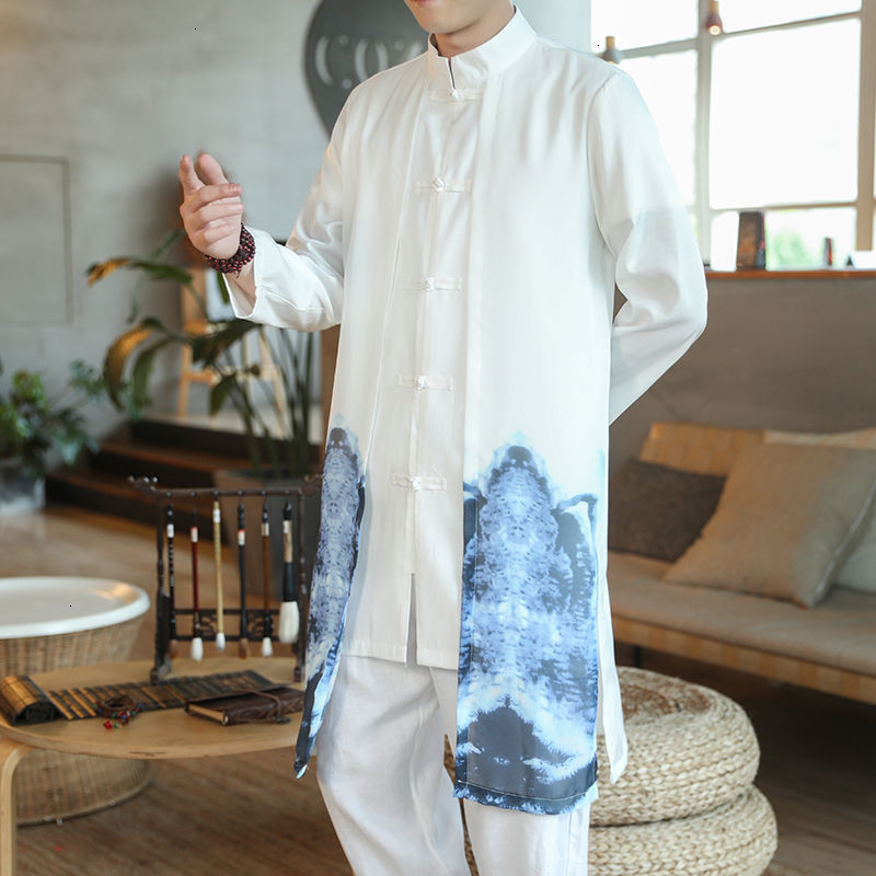 

2021 New Men's Chinese Style Long Windbreaker Coat Graphic Printed Vintage Streetwear Jackets Male White Jacket Clothing 9km3, Shuimoblue