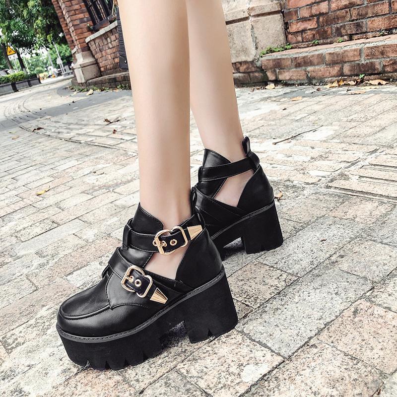 

Autumn Women Punk Rock Motorcycle Boots Cut Out Bootie Buckle Strap Platform High Heel Wedge Shoes Thick Chunky Heels YMA5321, Black