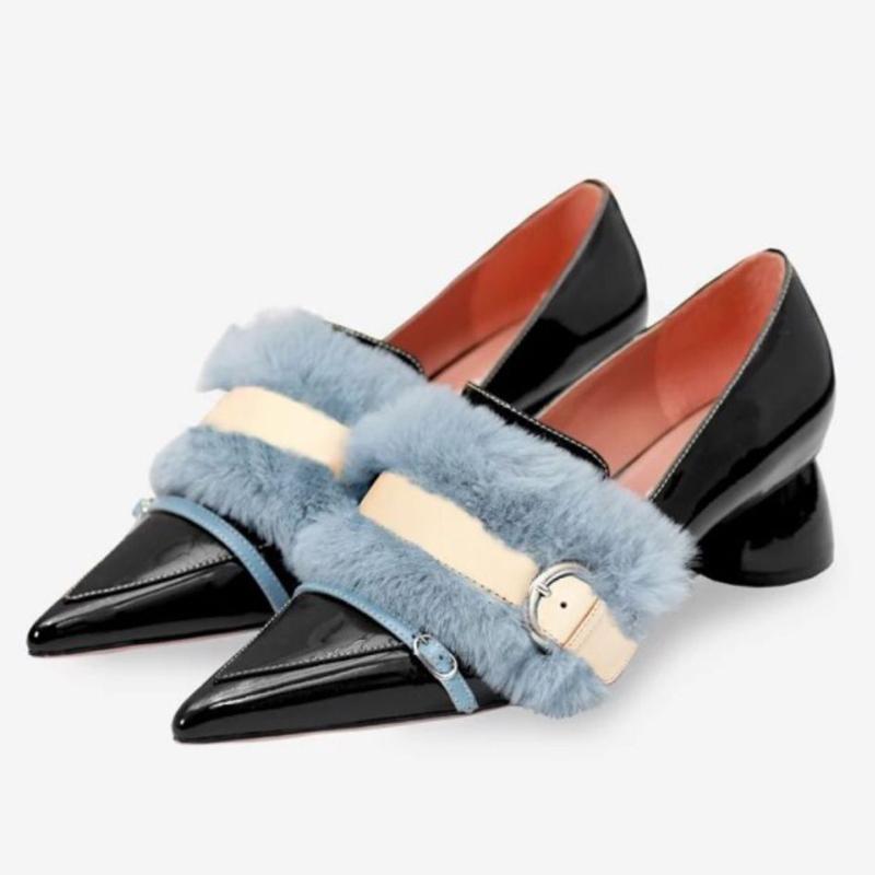

Kmeioo Fashion Cow Leather Shoes Woman Pointed Toe Fur Loafers Spring Autumn Med Heels With Buckle Women Dress Zapatos Mujer, Black