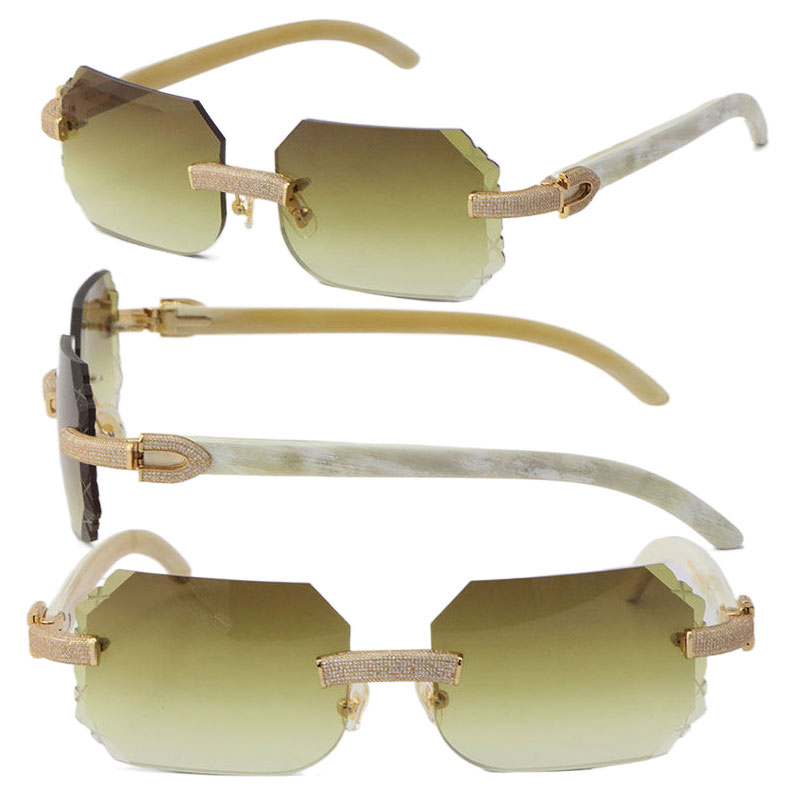

2022 New Micro-paved Rimless Luxury Diamond Set Sunglasses White Genuine Natural Buffalo Horn Sun Glasses Rocks Frame Male and Female C Decoration 18K Gold