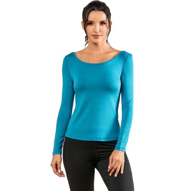 

Sexy Women Sport Shirts Backless Sport Wear High Elastic Tops Fitness Gym Yoga Top Running Breathable Long Sleeve T-Shirts, Blue