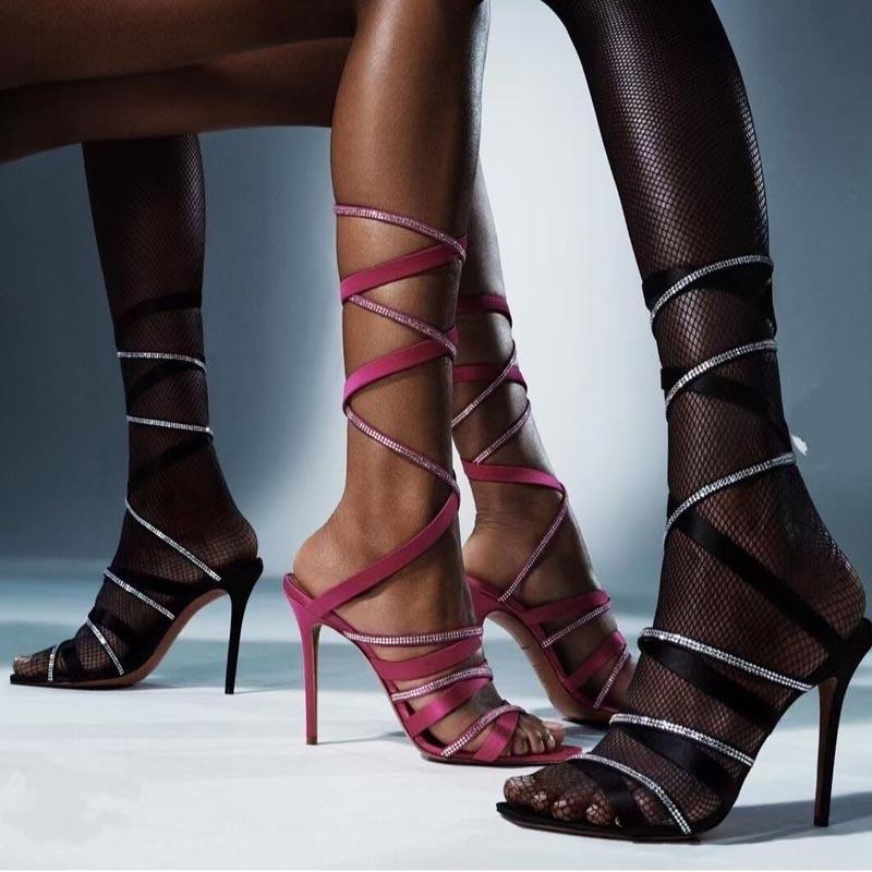 

New Rhinestone Satin Cross Strap Stiletto Roman Sandals Women, Black
