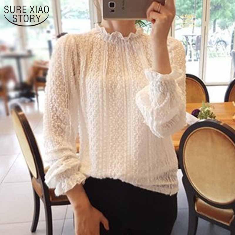 

2021 Autumn New Flower Stand-up Collar Women Petal Long Sleeve Fit Blouses Sweet Lace Shirts Loose Hollow Out White Blouse 11685