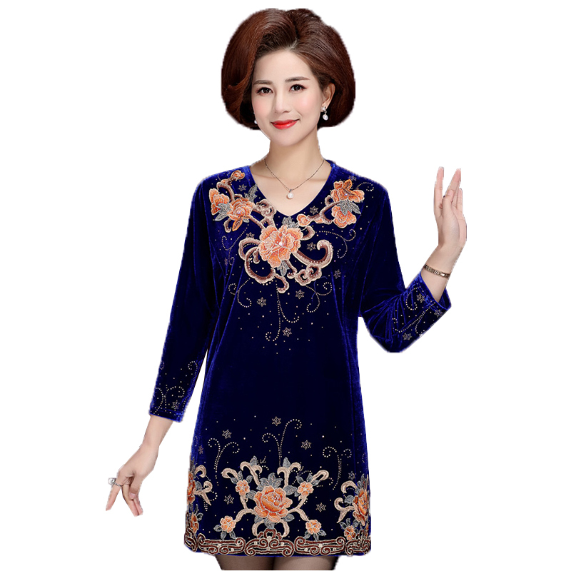 

Dressed Women's Gold Velvet 2021 Spring Dress in a Long Sleeve Embroidery of Middle-aged Female Mother Loose Plus Size R70 Jdlj, Blue