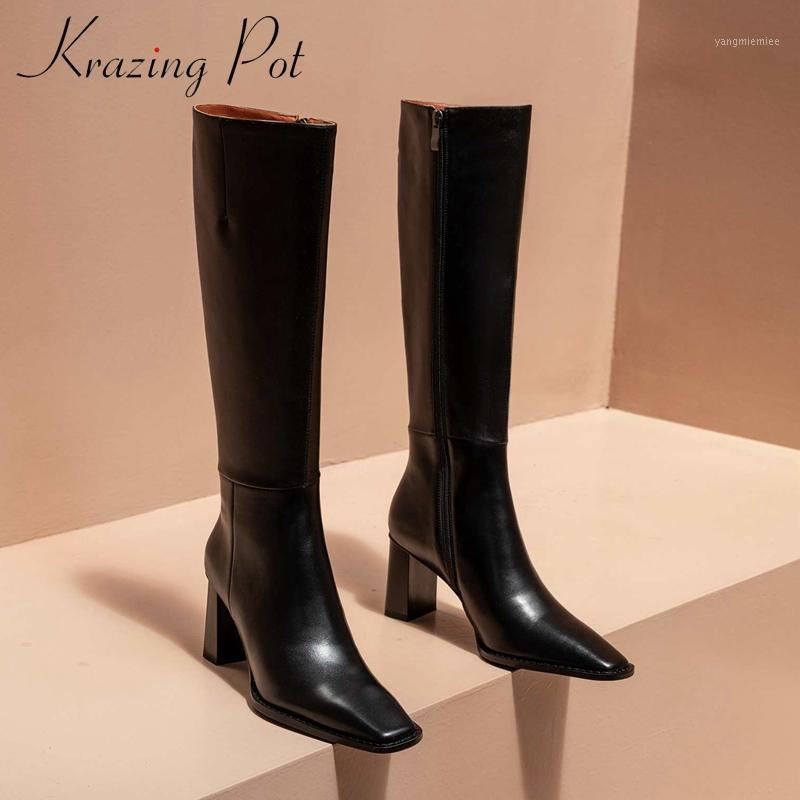 

Krazing Pot high street fashion nightclub genuine leather classics square toe thick high heel zipper modern knee-high boots L131, Black