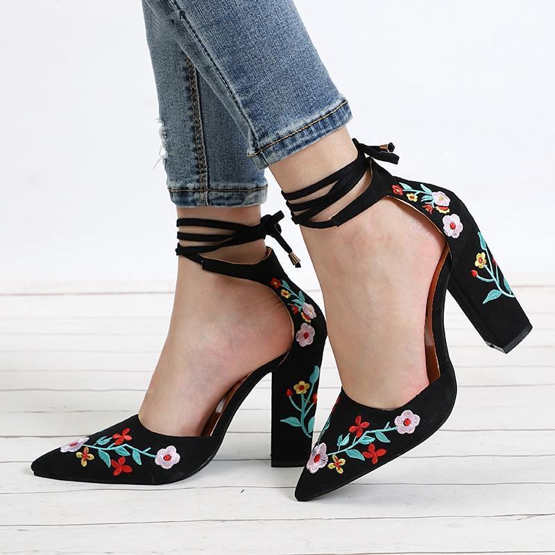 

Women High Heels Plus Size Embroidery Pumps Flower Ankle Strap Shoes Female Two Piece Sexy Party Wedding Pointed Toe 35-431, Beige