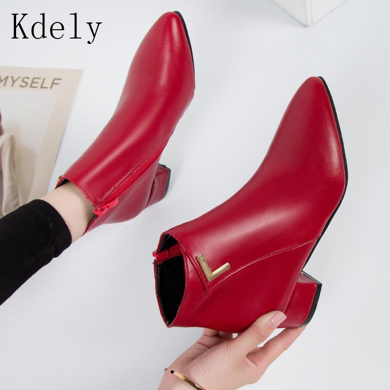 

2020 Fashion Women Boots Casual Leather Low High Heels Spring Shoes Woman Pointed Toe Rubber Ankle Boots Black Red Zapatos Mujer