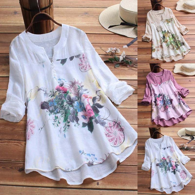 

38# Plus Size White Floral Blouse Shirt Women Vintage O-neck Floral Printing Patch Long Sleeves Top Tee Shirt Blouse -5xl Top, Beige