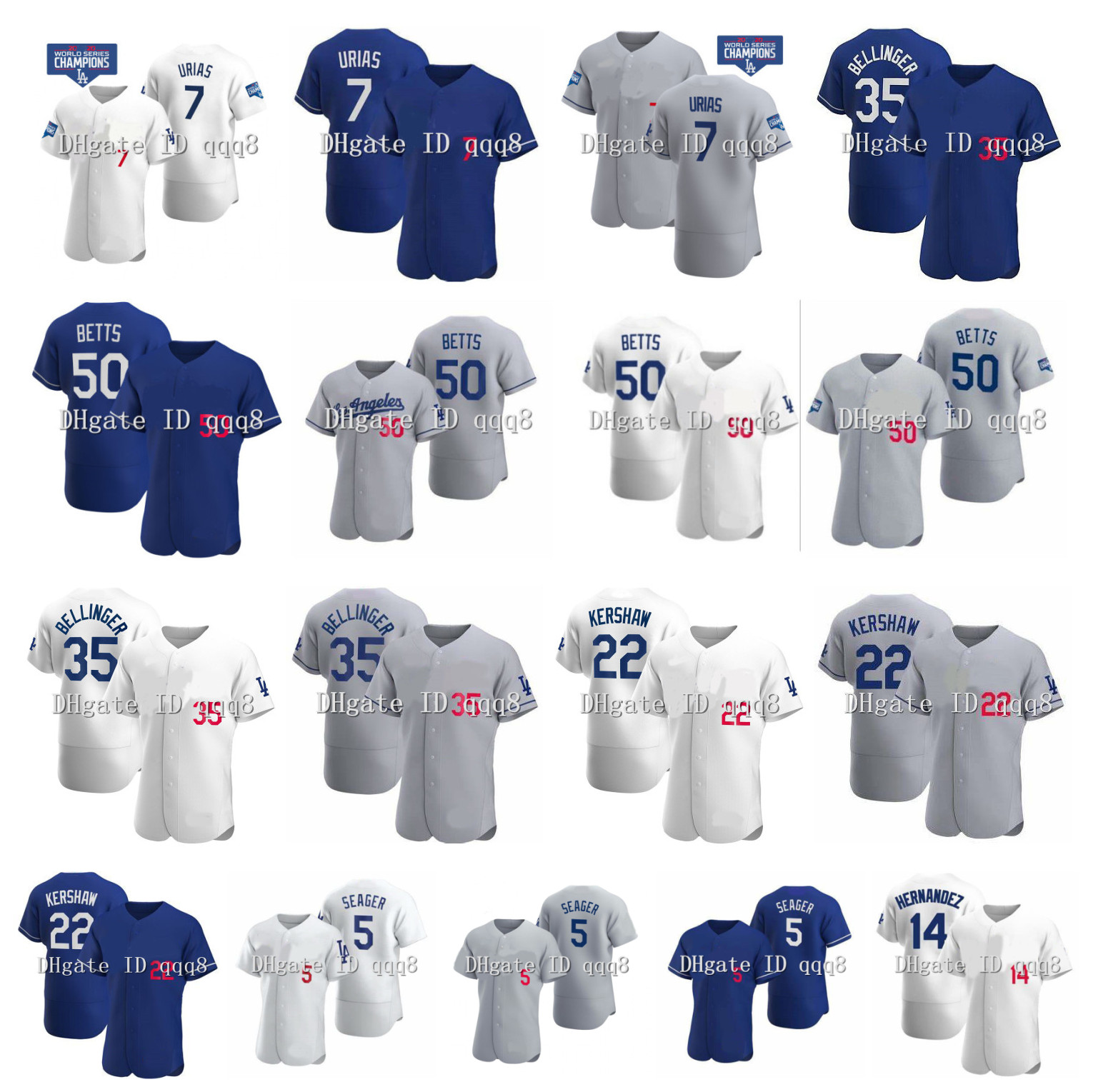 

Los Angeles 50 Mookie Betts Jersey 7 Julio Urias 22 Clayton Kershaw 35 Cody Bellinger 5 Corey Seager 14 Enrique Hernandez Baseball Jersey, Blue;black