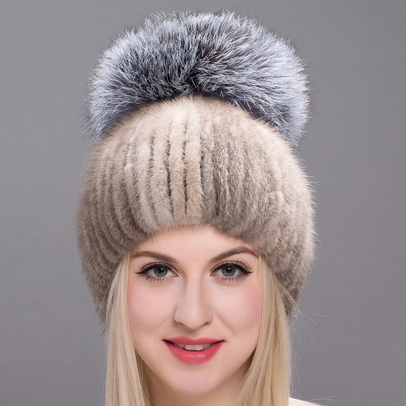 

Autumn Winter Real Fur Grass Fashion Women's Mink Knitting Hat Hair Ball Warm Knitted Windproof Fashion Warm Cap, Black