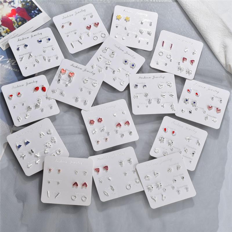 

6PCS Fashion Stud Earrings Set For Women Crystal Heart bow-knot Monday To Saturday Women Accessories Cute Gift For