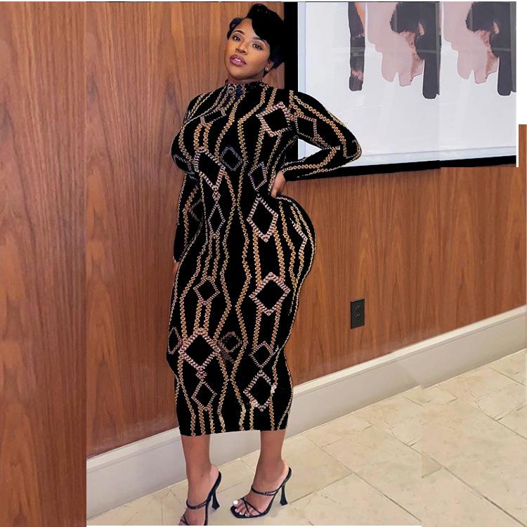 

DPSDE 2020 spring new women high street style long dresses long sleeve round neck dresses printed mid, Black