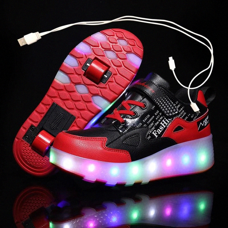 

Two Wheels Luminous Sneakers Black Red Led Light Roller Skate Shoes for Children Kids Led Shoes Boys Girls Light Up 28-43 #3a3Y