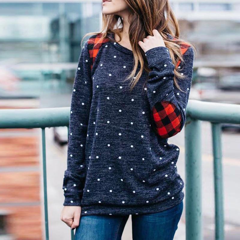 

Women O-Neck T-shirts Point Plaid Splicing Harajuku shirt Long Sleeves Pullover Sweatshirt ropa de mujer 2020 #4s, Gray