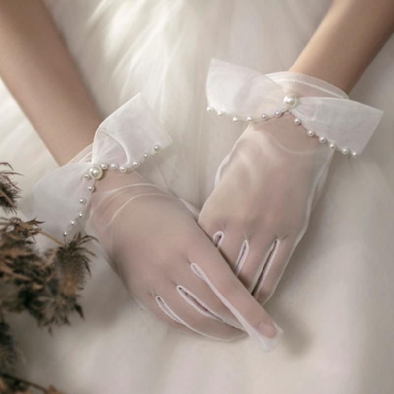 

Korean Elegant Transparent Yarn Thin Short Full Finger Bow Pearl Mittens Female Summer Lace Anti-UV Sunscreen Driving Gloves H51