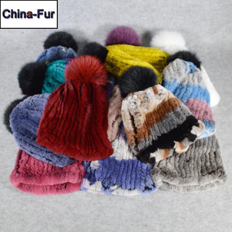 

Beanie/Skull Caps Winter Natural Real Rex Fur Hat Women Elasitc Warm Handmade Knitted Pompoms Beanies Cap1, Grey