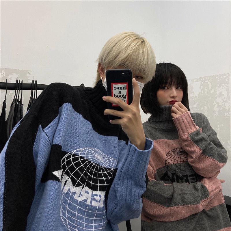 

Men's sweater 2021 spring and winter new Harajuku high neck planet striped knitted sweater loose casual young men's clothing, Blue