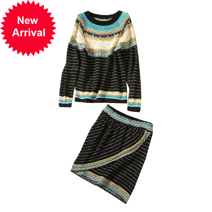 

Vintage color-striped female hit mesh sweater jumpers + skirts 2 sets of C-254 suit suits, Sweater with skirt