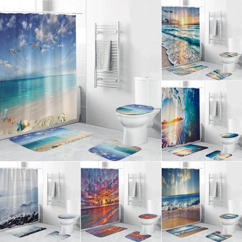 

Sunny Beach Sea Wave Shower Curtains Set Bathroom Curtain Coastal Printed Non-Slip Rugs Toilet Lid Cover Mat Carpet Home Decor1
