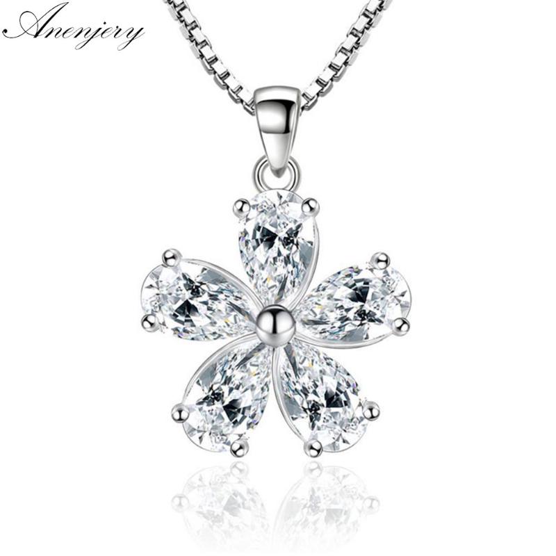 

Anenjery Silver Color Jewelry CZ Zirconia Plum Pendant Neckace For Women Gift Chain choker collares kolye S-N148