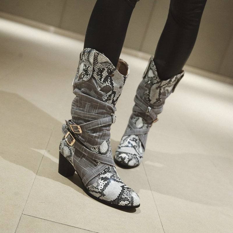 

Top 2020 winter beanstalk toe hot teddy short woman snake printing hemp block high heels mid calf boots female, Gray