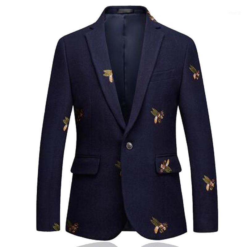 

Men's Suits & Blazers Bees Blazer Men Fashion Wedding Prom Single Button For Male Stylish Suit Jacket 6XL EM2061, Navy blue